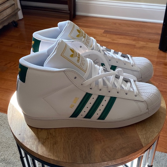 Brand New Adidas High-Top Sneakers in White, Green, & Gold - Picture 2 of 4
